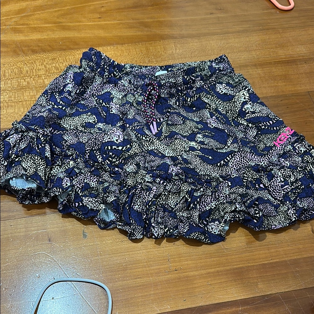 Kenzo Navy and Pink Animal-Print Ruffle Mini Skirt